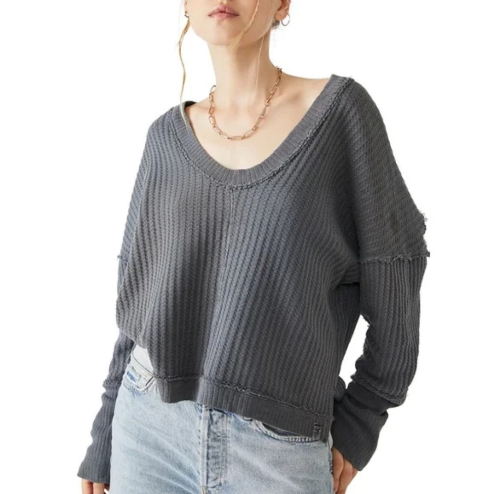 We The Free Charcoal Waffle Knit Top Large NWT